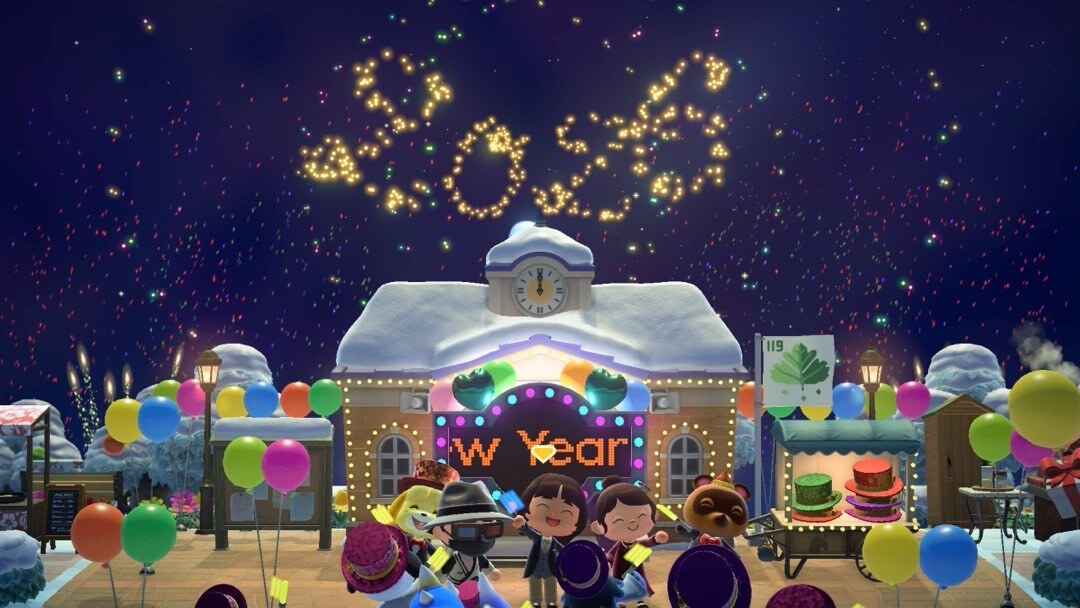 Neujahr in Animal Crossing. Bewohner und Spieler\*innen begrüßen auf einem Marktplatz zu Feuerwerk das Jahr 2026.