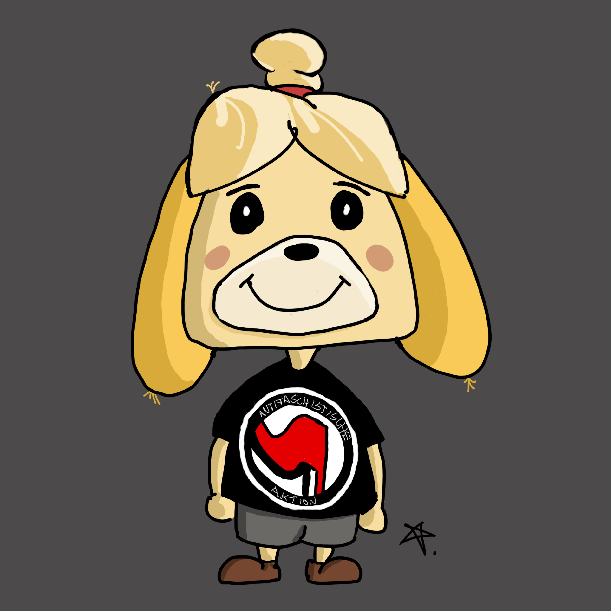 Isabelle aus Animal Crossing mit Antifa T-Shirt.