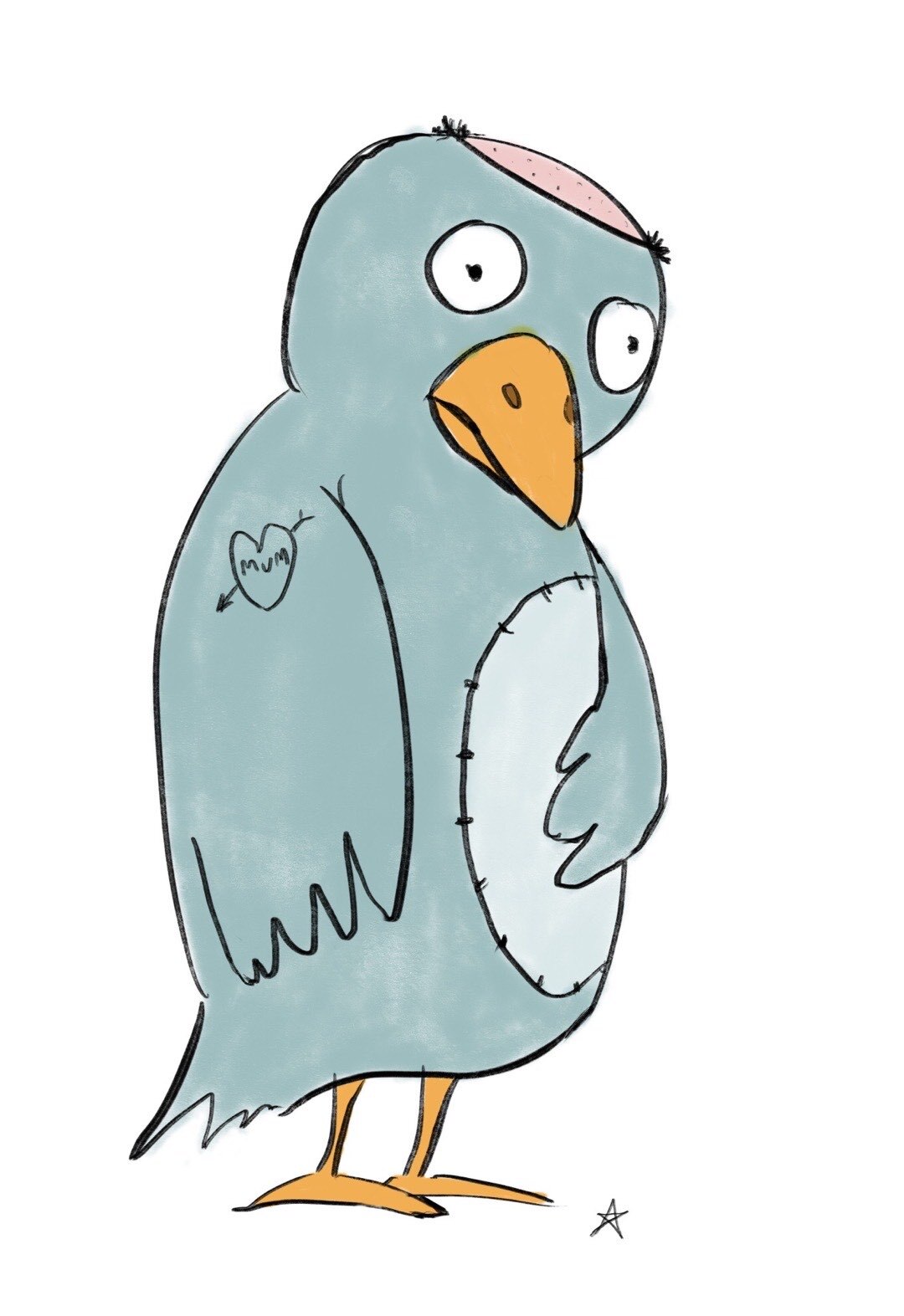 Geziechneter Vogel mit gesenktem Kopf und Mom-Tattoo auf dem Flügel.