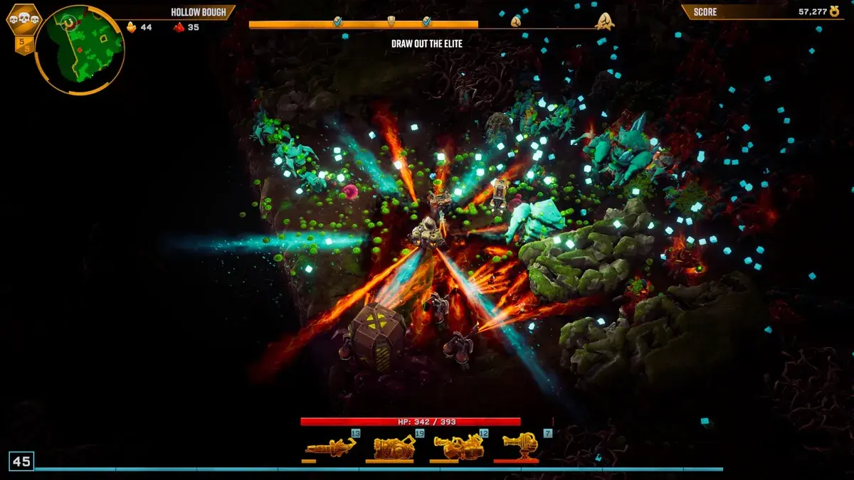 Screenshot von Deep Rock Galactic Survivor mit einem Zwerg, der aus allen Löchern mit roten und blauen Strahlen auf extraterrestrisches Ungeziefer schießt.