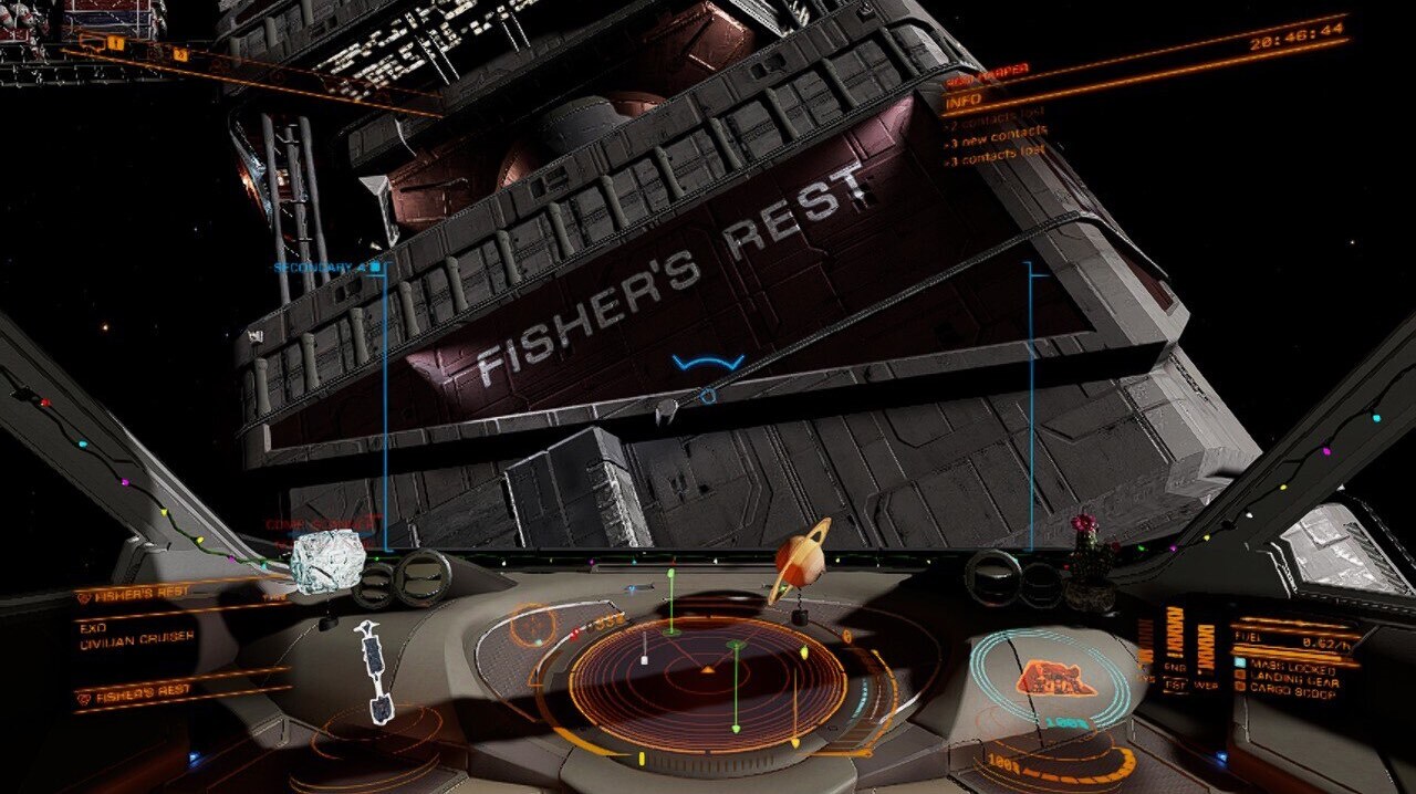 Ein Cockpit mit Blick auf eine riesige Raumstation, die Fisher's Rest heißt.