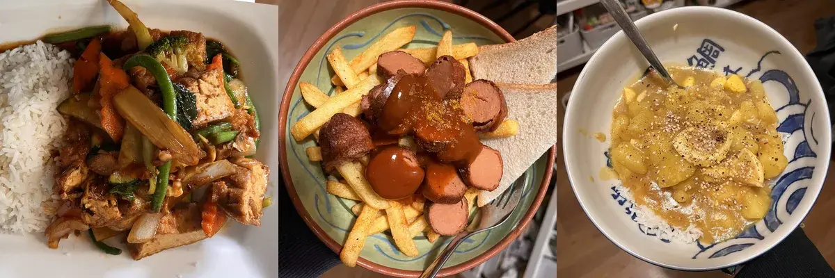 Drei Gerichte: Thai Basil Tofu links, Currywurst Pommes in der Mitte und ein Teller Kartoffel-Curry rechts.