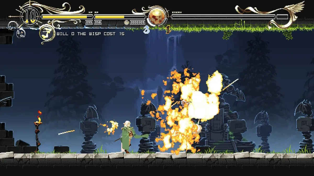 Ein Waldläufer vor einer Explosion im Spiel Record of Lodoss War.