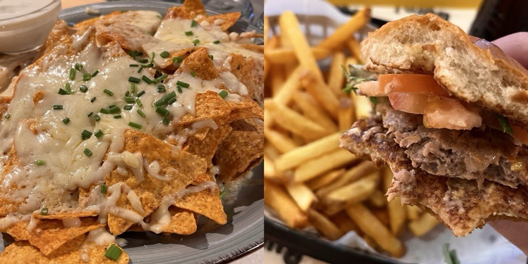Links: Nacho-Teller mit viel Käse und Schnittlauch. Rechts: ein Smashburger mit Bezond Patty und Pommes im Hintergrund.