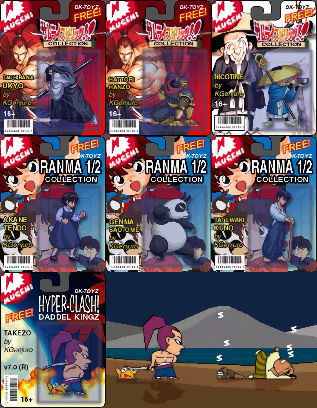 Selbstgestaltete Action Figur Blister für Samurai Shodown und Ranma 1/2 Prügelspiel Kämpfer\*innen.