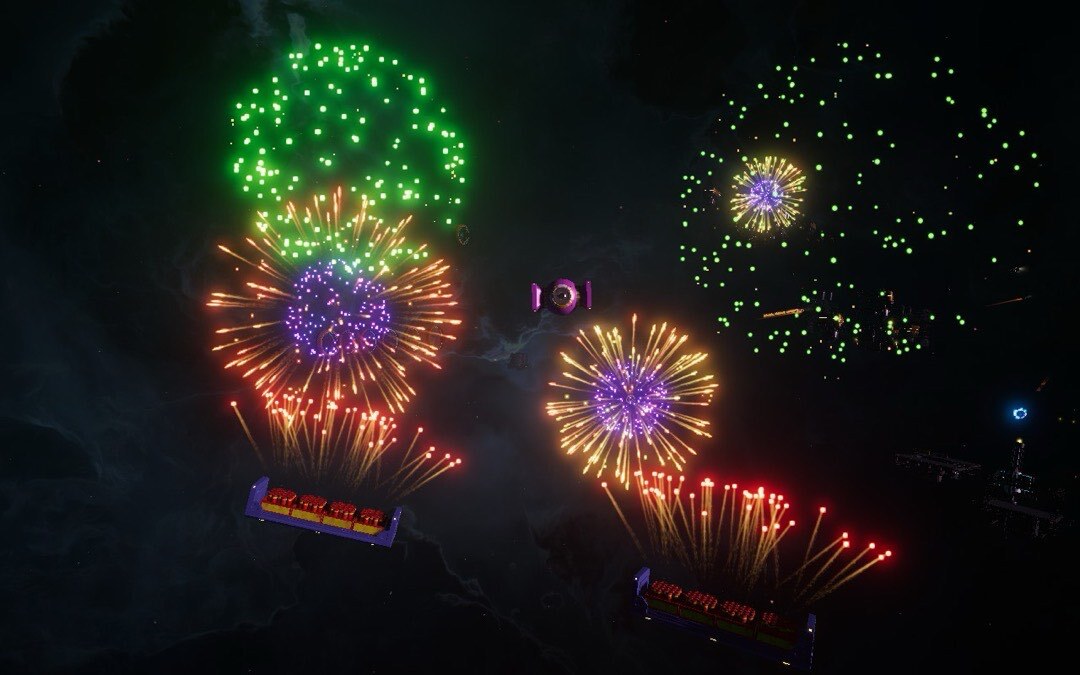 Feuerwerk im Spiel Startrucker. In der Mitte steht noch ein Feuerwerksköper in Form eines Bonbons. Der ist noch nicht hochgegangen.