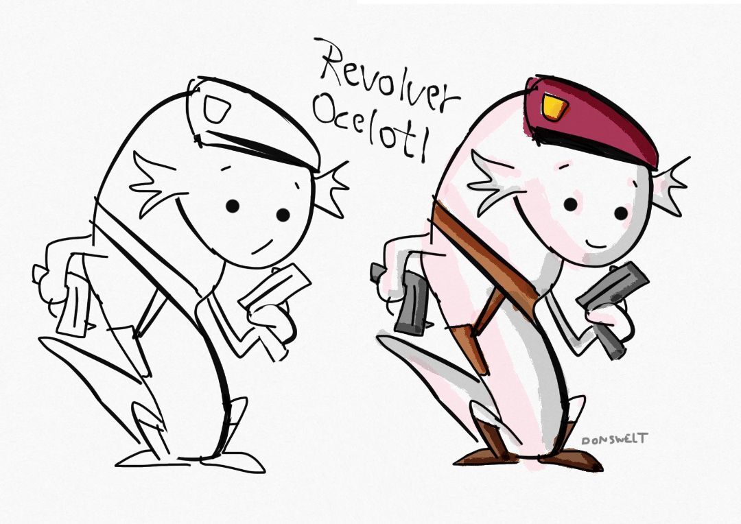 A hand drawn Axolotl dressed like Revolver Ocelot of Metal Gear Solid