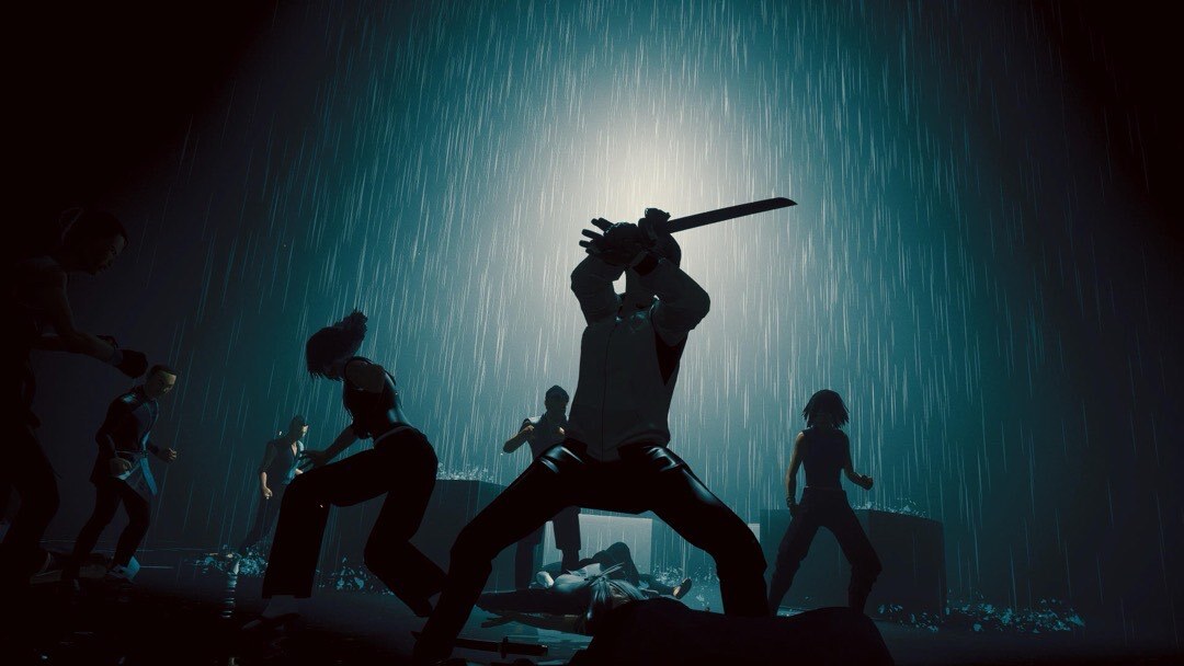 Die Silhouette der Protagonistin aus Sifu, die mit einem Kurzschwert im Regen posiert. Um sie herum tummeln sich Gegner\*innen in Kampfposition.