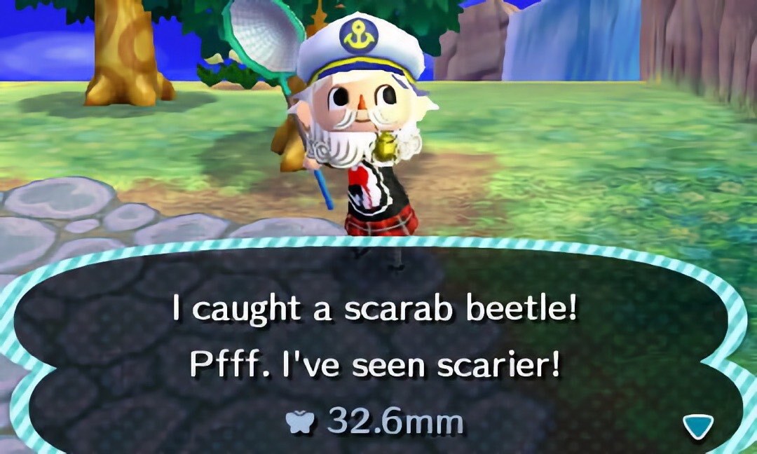 Mein New Leaf Kapitän mit dem seltenen Scarab Beetle in der Hand.