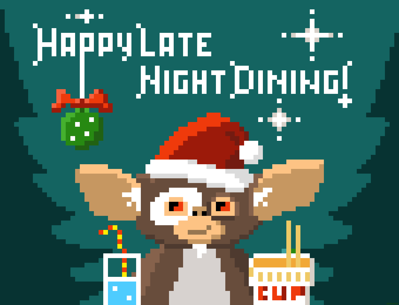 Gizmo, der Mogwai mit einem Glas Wasser und einem lecker Mitternachtssnack