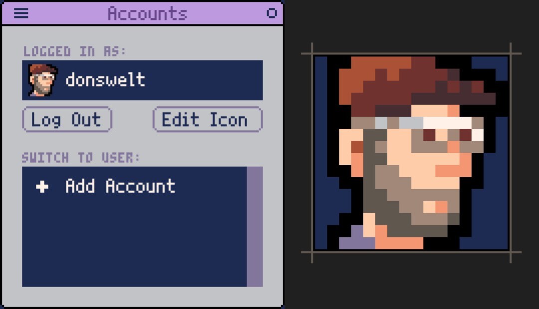 Links mein Lexaloffle Konto, rechts mein neuer Pixelavatar im Grafikeditor von PICOTRON.