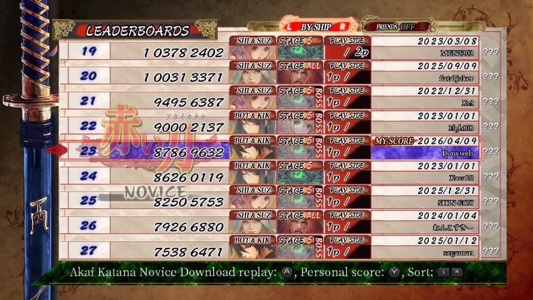 Das Leaderboard der Ur-Version von Akai Katana. Meine Score von 86 Millionen mit dem zweiten Schiff steht auf Platz 23.