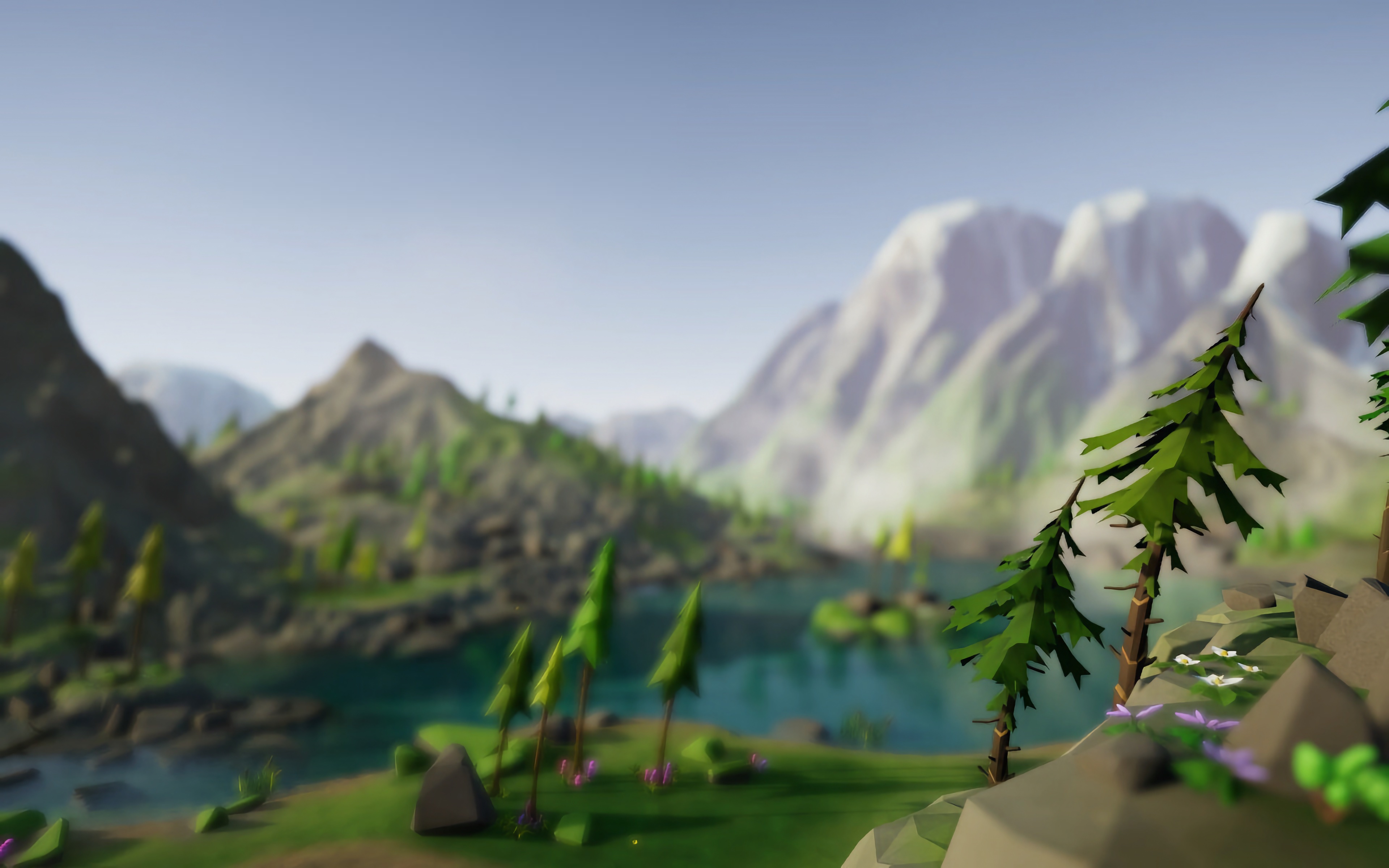 Eine wunderschöne, grüne Low Poly Landschaft mit Tannen an der rechten Seite und einem weichgezeichneten Berg im Hintergrund.