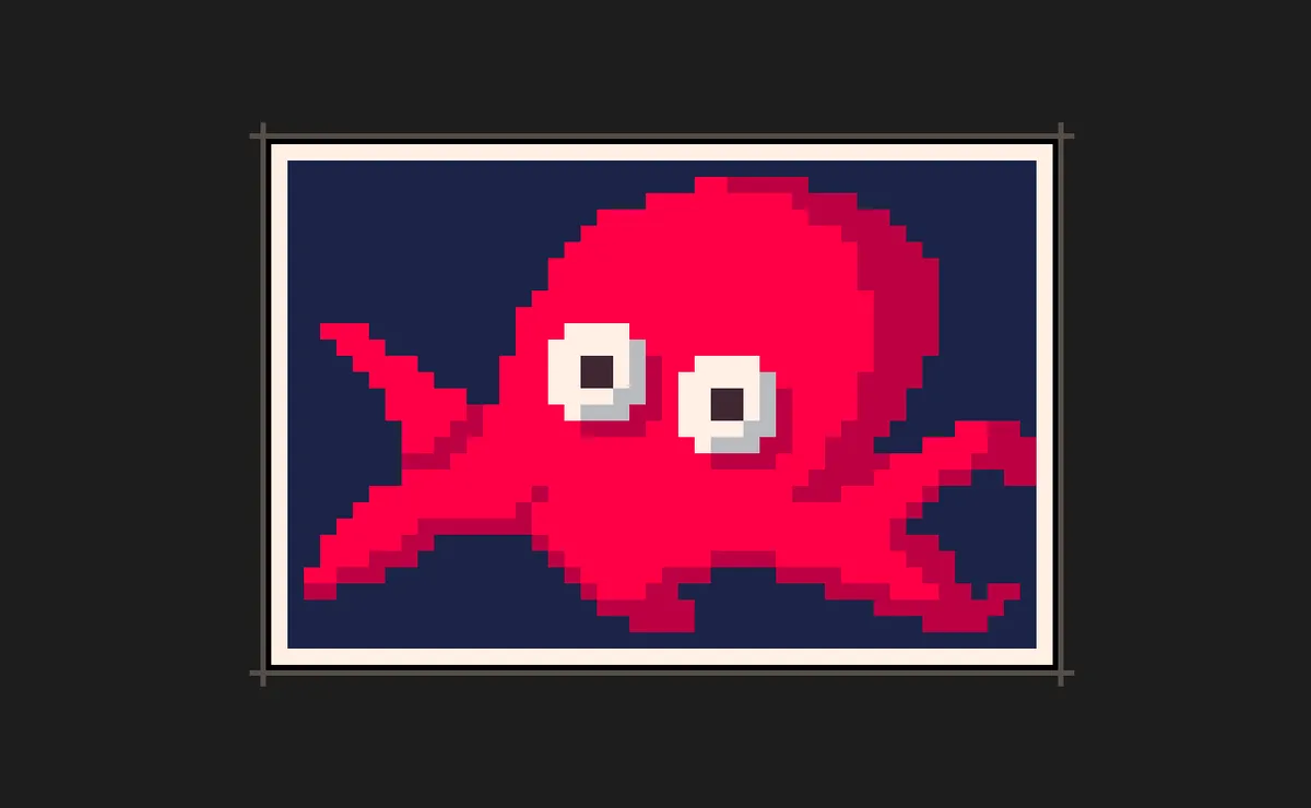 Ein gepixelter kleiner roter Kraken mit großen Augen.