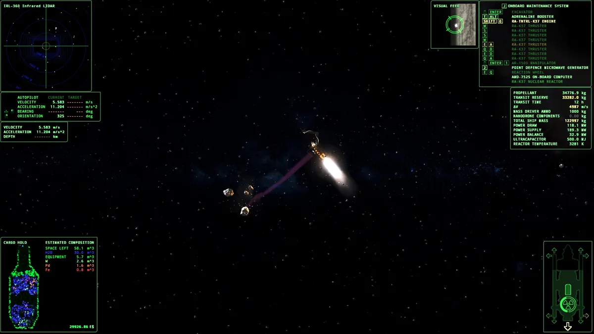 Screenshot von Delta V. Viel Text in Grün auf Schwarz und ein kleines Mining-Schiff in der Mitte des Bildschirms, das gerade einen Cluster Eis zum Schmelzen bringt.