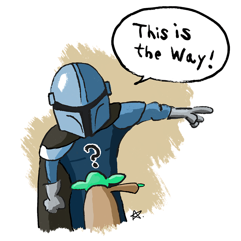 Illustration des Mandalorianers, der nach rechts zeigt und Baby Yoda der es ihm fragend gleich tut.