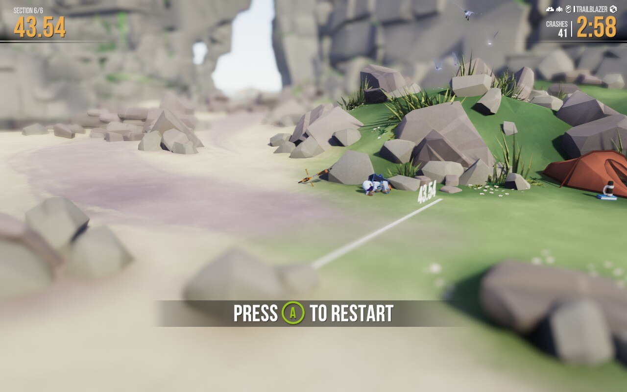 Ein Lonely Mountains Screenshot mit einem gestürzten Fahrer zwei Meter vor dem Ziel.