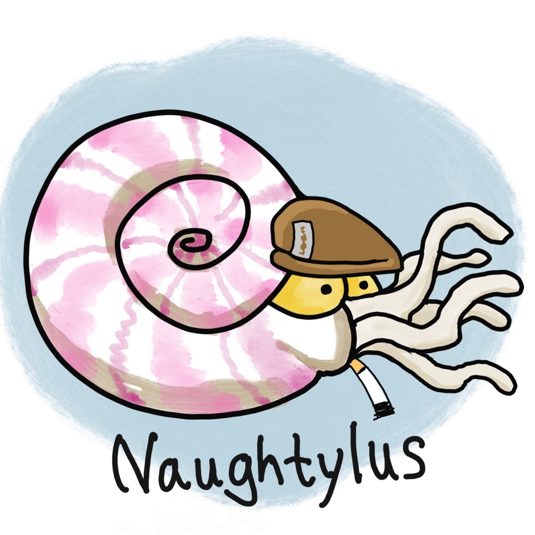 Ein Nautilus, aber mit Flatcap, Rasierklinge und Zigarette.