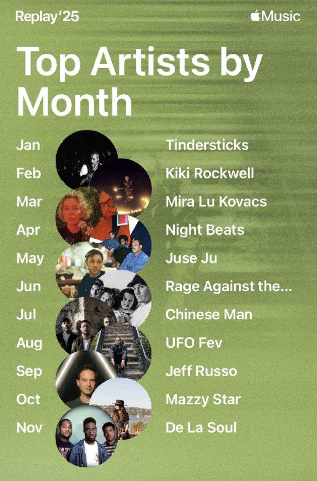 Zwölf Künstler über zwölf Monate: Tindersticks, Kiki Rockwell, Mira Lu Kovacs, Night Beats, Juse Ju, Rage Against the Machines, Chinese Man, UFO Fev, Jeff Russo, Mazzy Star, De La Soul.