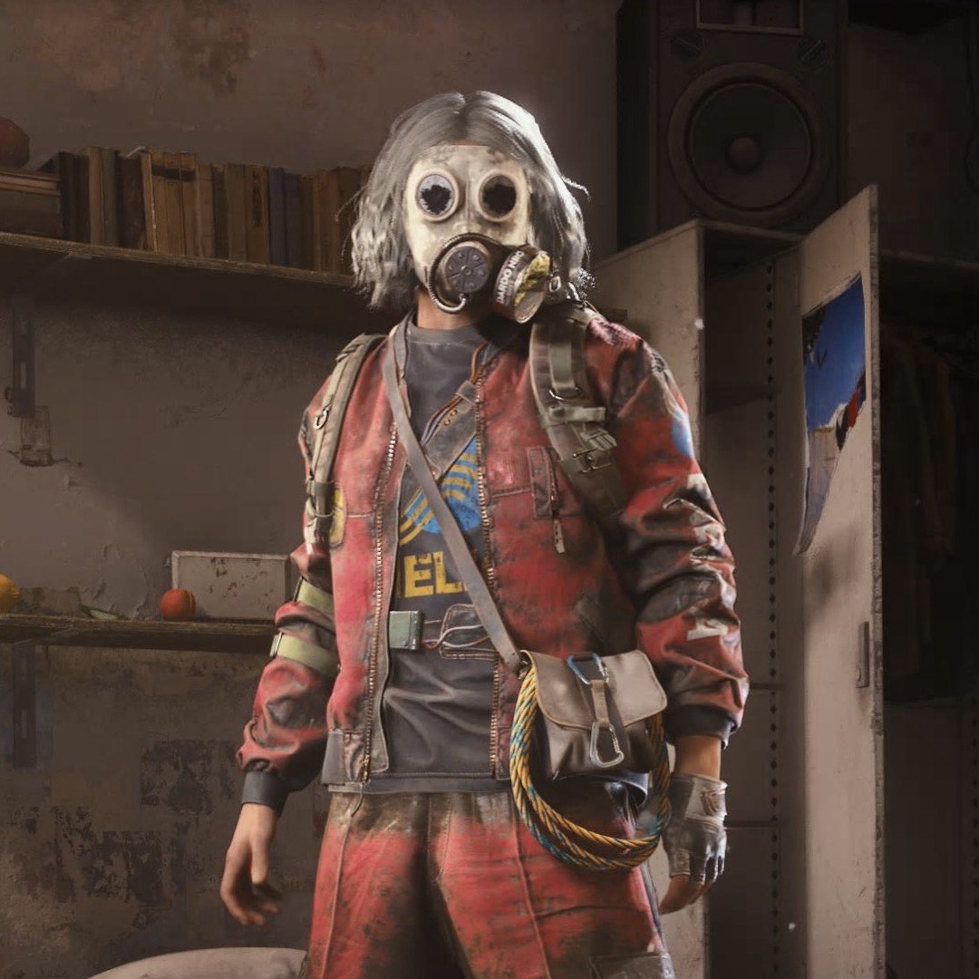Ein ARC Raiders Avatar mit langem grauen Haar und einer Gasmaske.