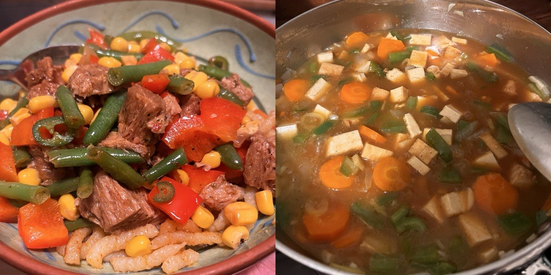 Zwei Gerichte: Links eine Steak-Pfanne mit Gemüse und falschem Steak. Rechts ein Suppe mit Tofu und Gemüse.
