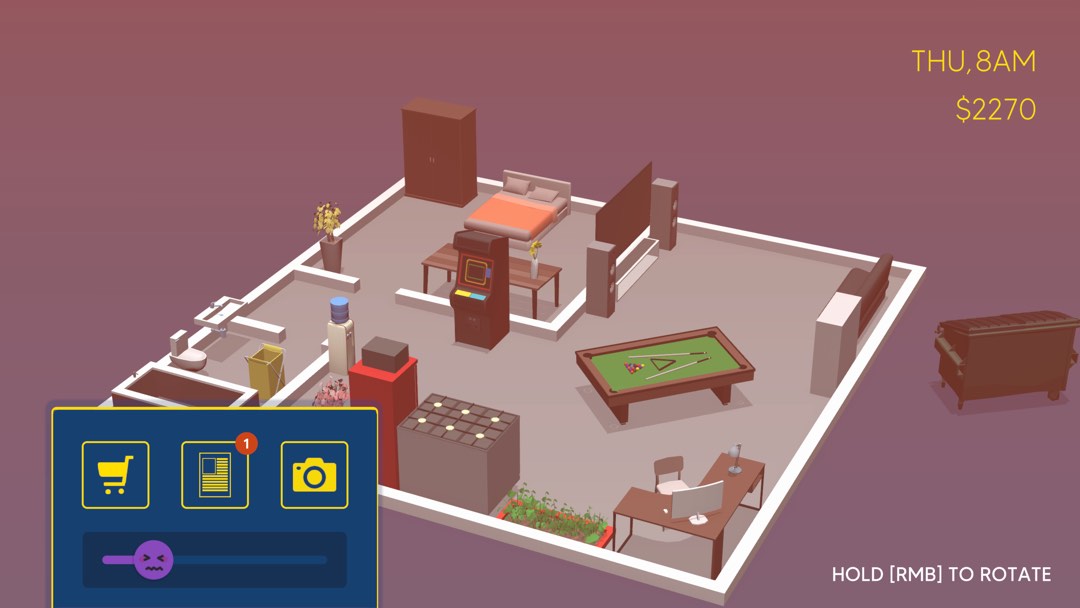 Ein Wohnungsgrundriss mit diversen IKEA Möbeln, einem Billardtisch und einem Arcade Automaten.