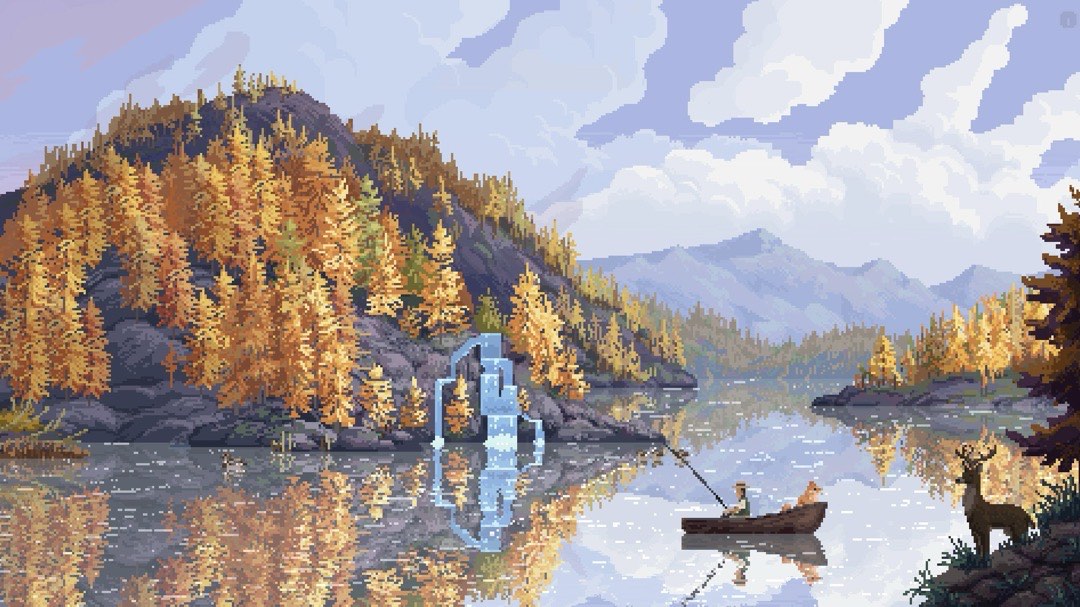 Eine wunderschön gepixelte Flusslandschaft mit Angler im Boot und einem Hirsch.