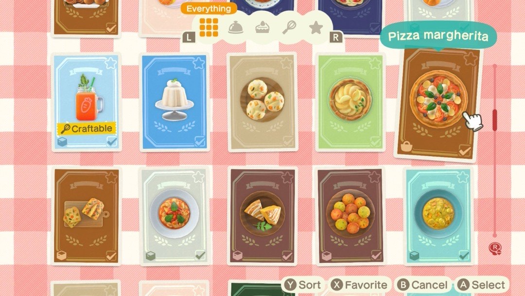 Ein Reihe Rezepte im Spiel Animal Crossing. Von Pizza bis Obstkuchen ist viel dabei.
