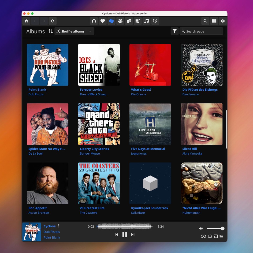 Screenshot der App Supersonic mit Alben aus meiner Sammlung.