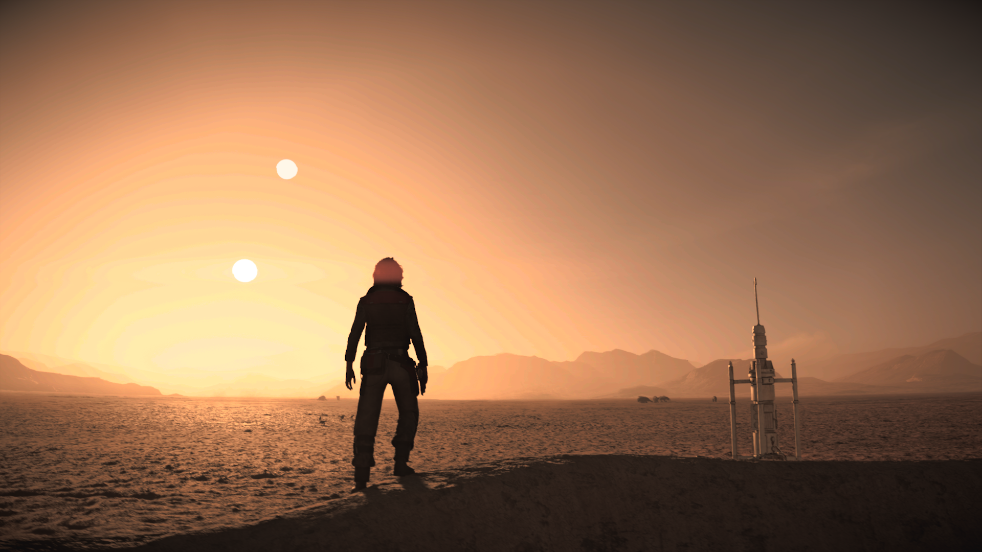 Die Silhouette einer Frau, erkennbar im Sonnenaufgang zwei er Sonnen.