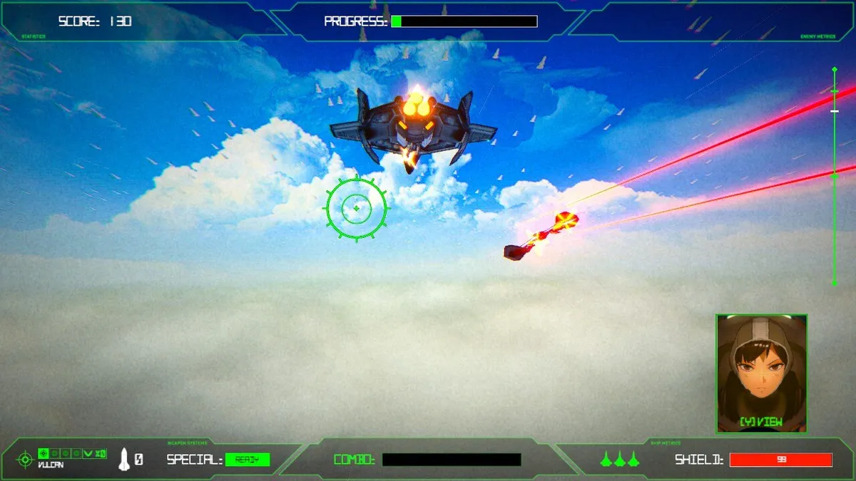 Ein futuristisches Flugzeug fliegt über einer dichten Wolkendecke. Daneben nähert sich eine Rakete. In einer Ecke wird das konzentrierte Gesicht der Pilotin gezeigt.