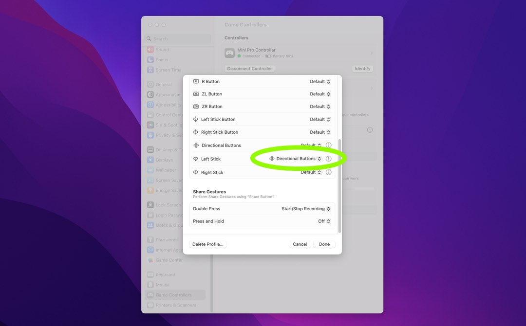 Screenshot der Profileinstellung für Controller unter macOS.