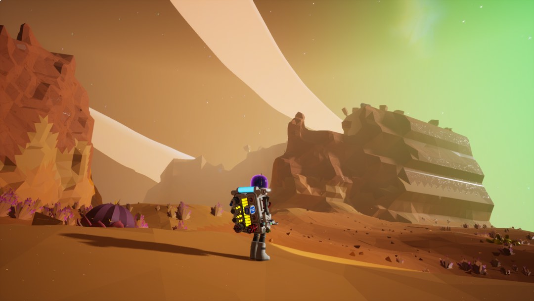 Eine Astronaut&ast;in auf einem Wüstenplaneten, in die Ferne schauend. Im Hintergrund ist ein Berg zu erkennen.