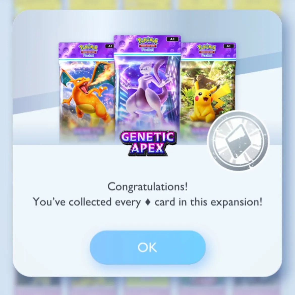 Eine Nachricht im Spiel, die bekannt gibt, dass alle normalen Karten der Apex Booster gesammelt wurden.