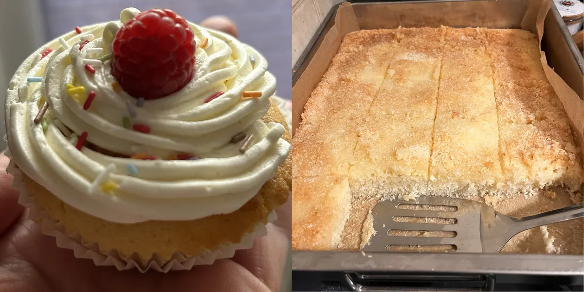 Links ein Cupcake mit Buttercreme-Verzierung und bunten Streuseln. Rechts ein Blech Kokoskuchen. Yummie.