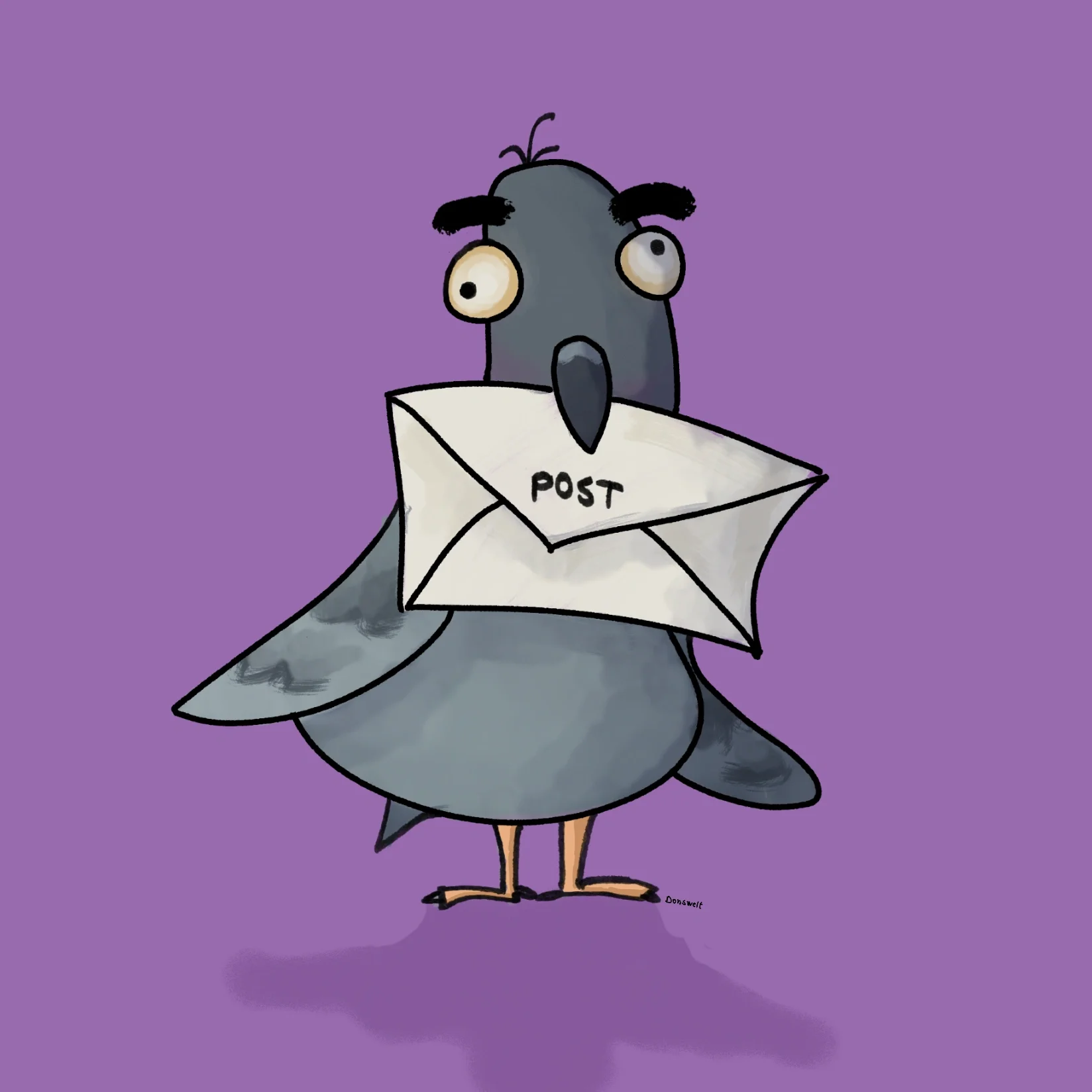 Pebbles die Brieftaube mit einem Brief im Schnabel