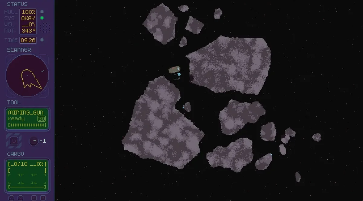 Ein kleiner Haufen Asteroiden, wo ein Schiff gerade etwas abbaut. Links ist eine UI-Spalte im alten MicroProse Stil zu sehen.